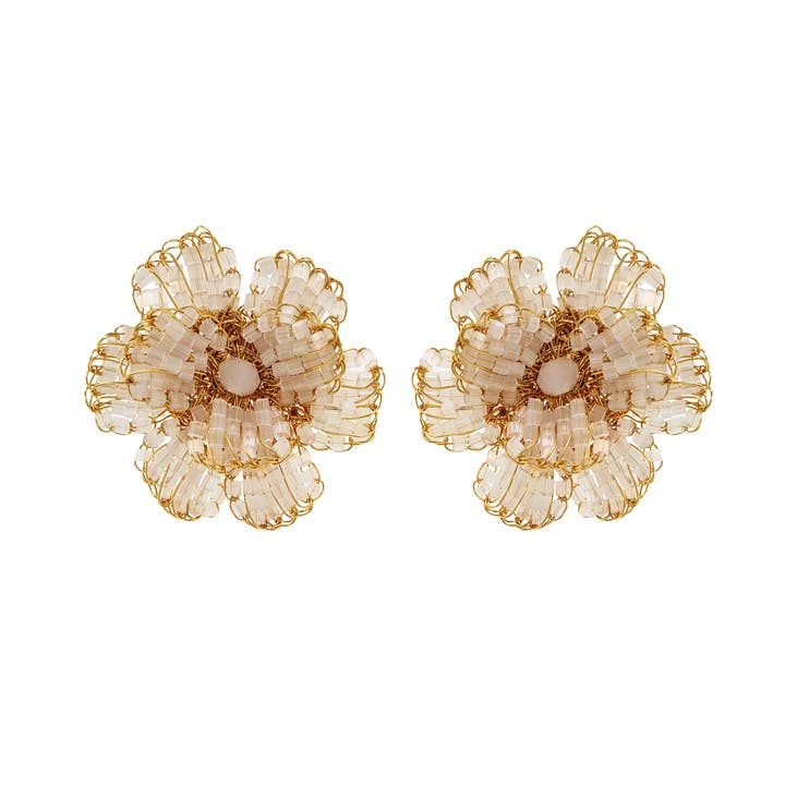 White & Gold Flora Crochet Post Handmade Earrings for wholesale by Lavish By Tricia Milaneze