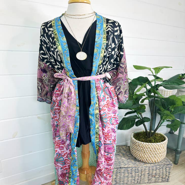 Velvet Kimono with Scarf Back - Multi –