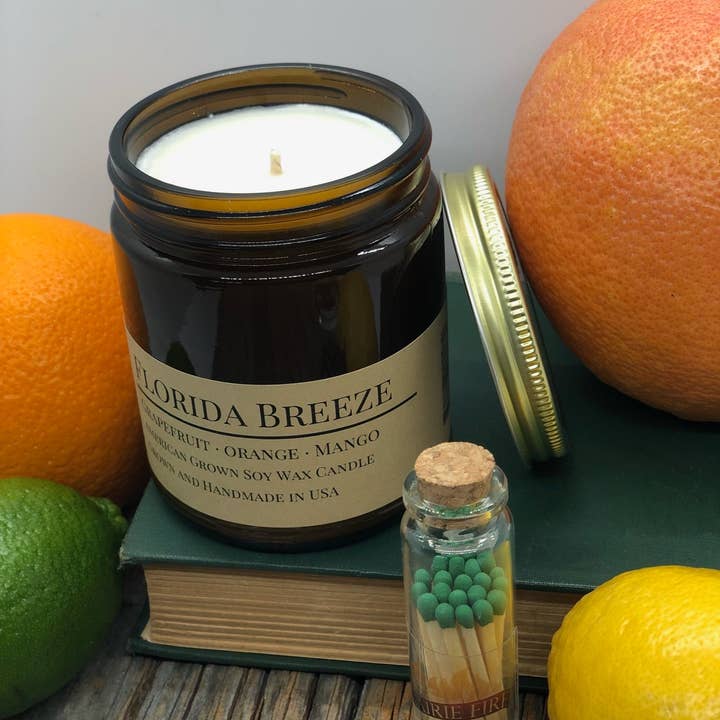 Florida Breeze Soy Candle | 9 oz Amber Apothecary Jar for wholesale by Prairie Fire Candles