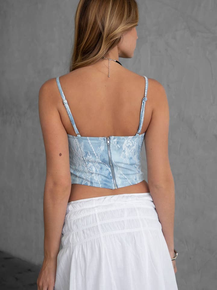 BLU BIANCO Corsetto Bustier in Pizzo AURIE in Twill Elasticizzato Effetto Denim in vendita all'ingrosso su Faire1