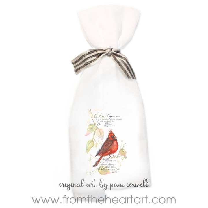 Birds - Serviette de sac à farine Cardinal Male pour la vente par From The Heart Art