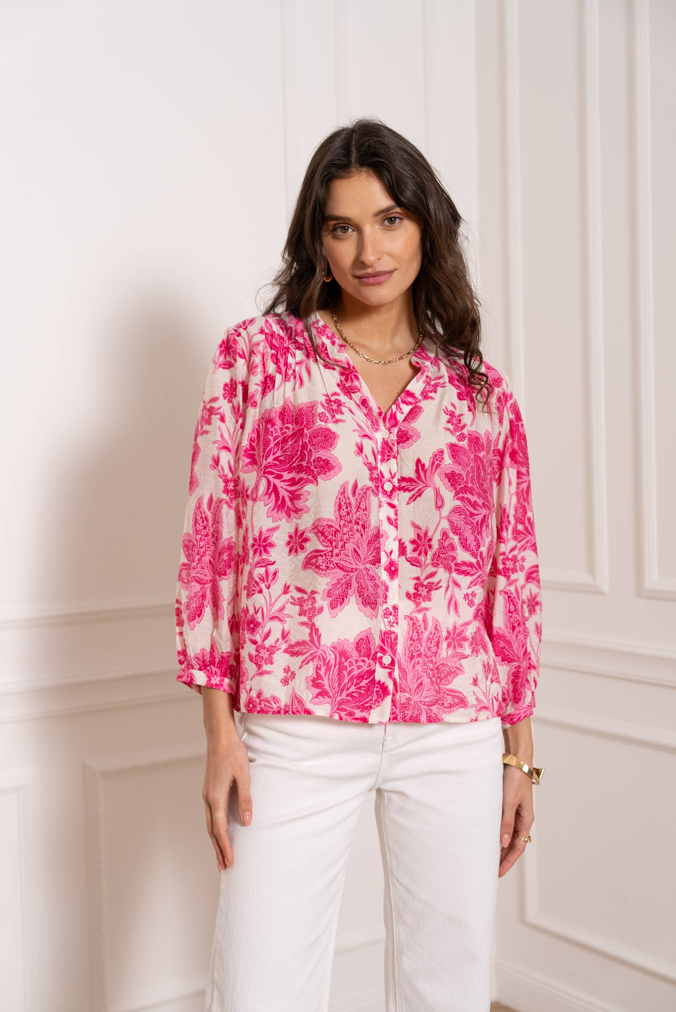 CHOKLATE PARIS – Camisa com botões no colarinho – Mulher por atacado – Camisa Saint Tropez estampada viscose seda - CK0813613