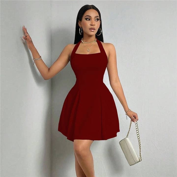 Sheer Trend - Wholesale Dress - Women's - Backless A-Line Mini Dress With Waist Cinching And Halter Neck