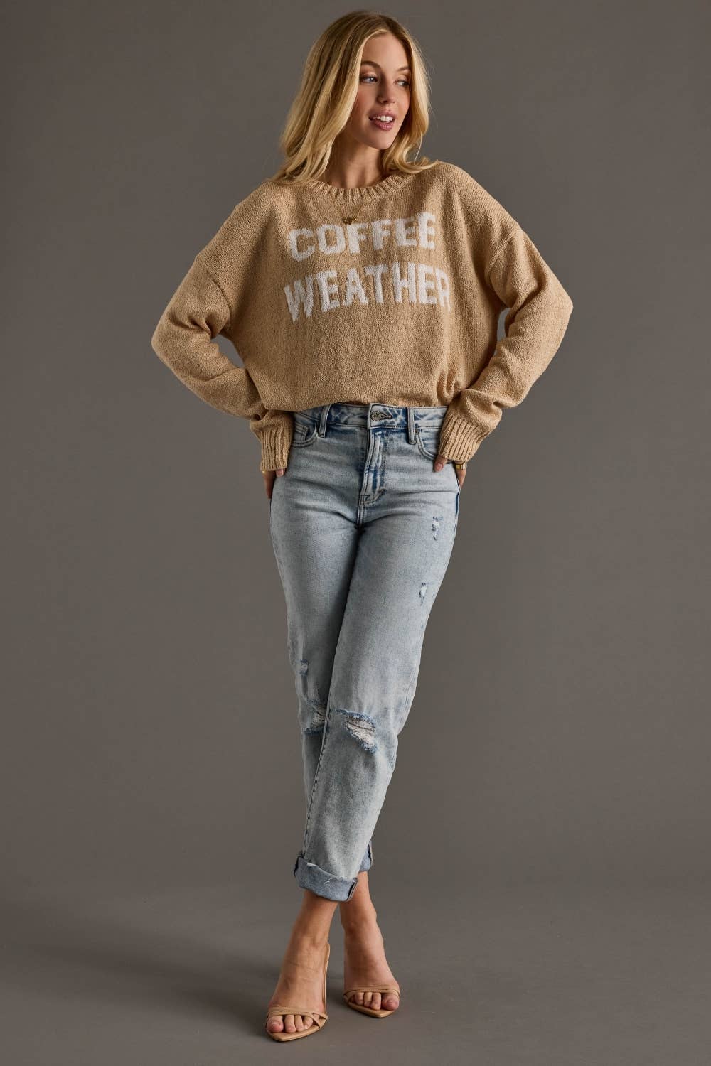 Panache Apparel Co. - Vente Pull en maille – femme - Pull léger couleur café Tan & Ivory pour temps frais3