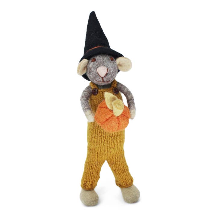 Gry and Sif - Wholesale Decorative Tabletop Object - Big Grey Boy Mouse w/Pumpkin and Ochre Pants