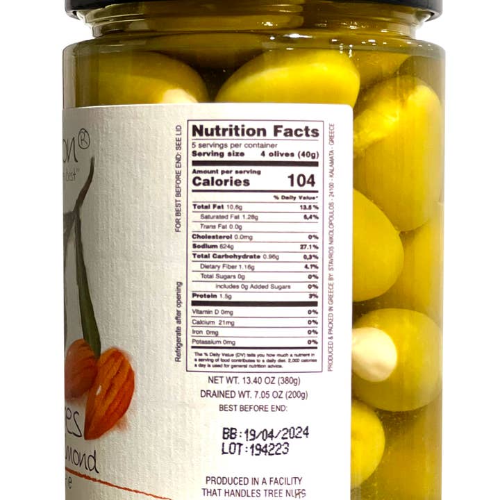 Ariston Specialties - Wholesale Olives - Ariston Green Olives Stuffed Almond-13.40oz1