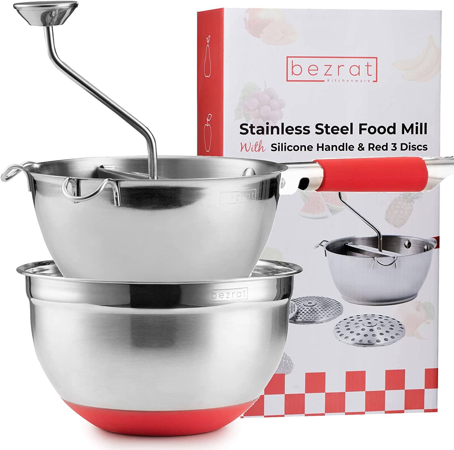 Bezrat - Wholesale Kitchen Tool/Gadget - Food Mill with 3 Food Grinder Discs & Bowl (Red)7