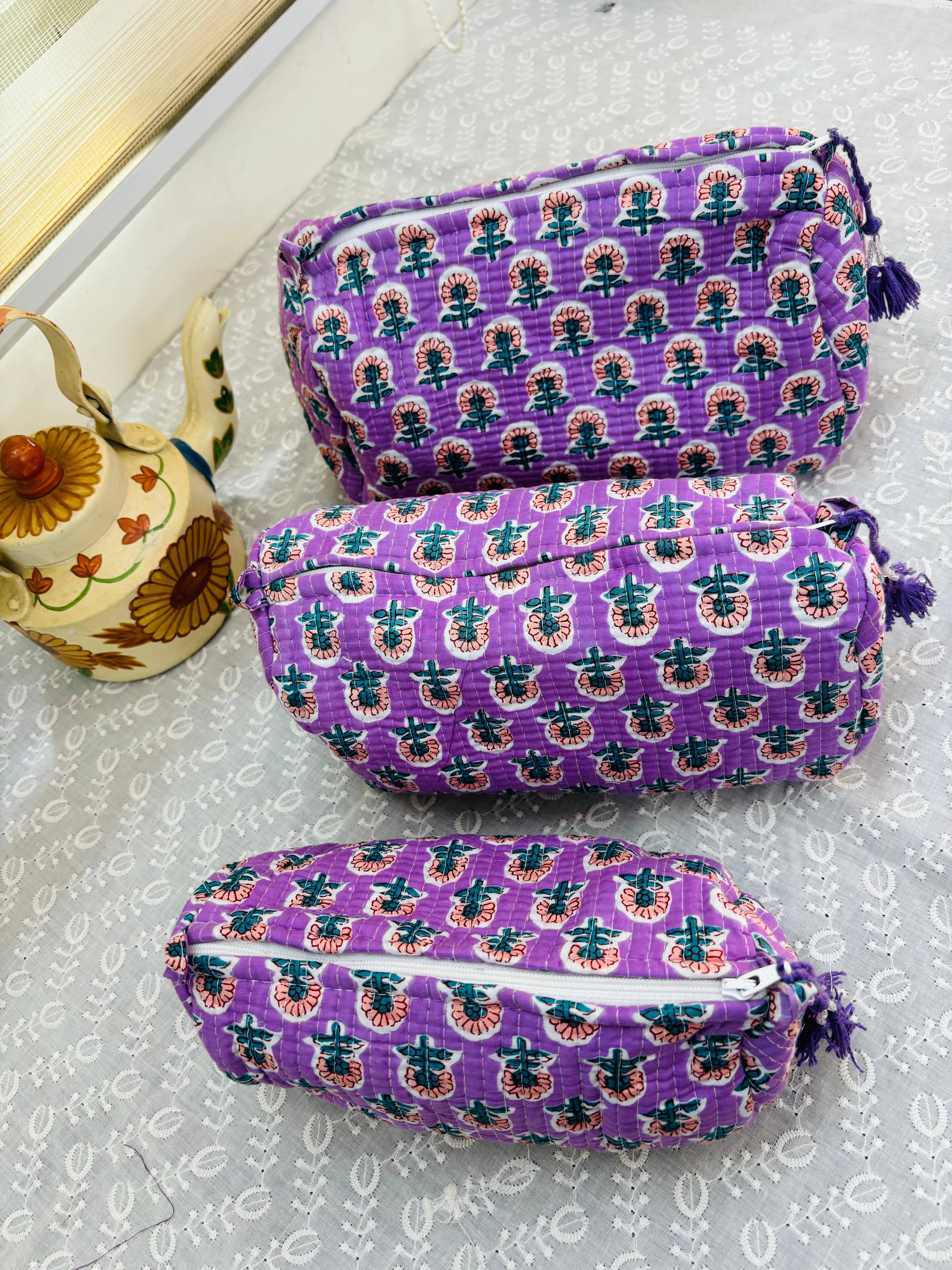 Meghcraft - Wholesale Makeup/Cosmetic Bag - Cotton Quilted Cosmetic Bags,Gift Pouch- Toiletry Pouch-3 Pc8
