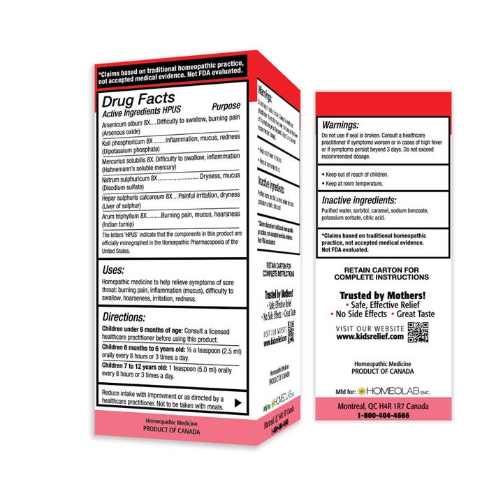 homeolab International Inc - Wholesale Oral Supplement/Vitamin - Kids Relief Throat Ease Syrup for Kids 0-12 Years, 3.4 oz6