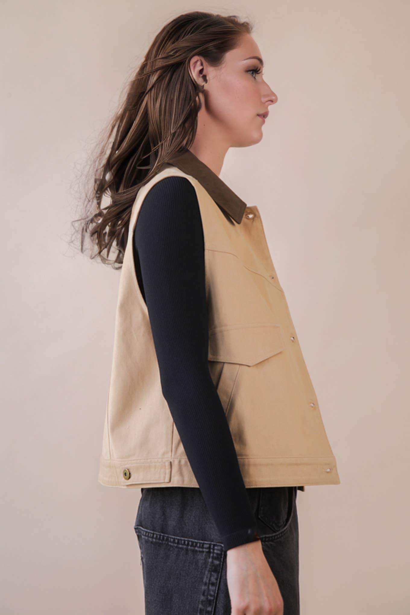 VERY J – Engroshandel Vest - Dame – NT12284-Vasket Bomulds Casual Vest med Knapper8