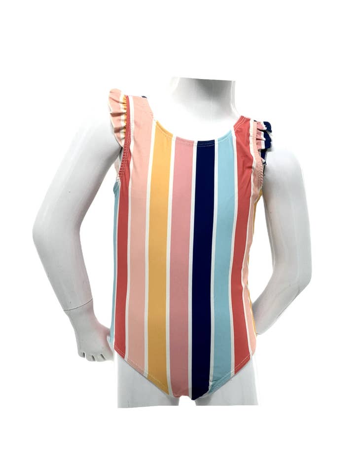 MARINA WEST SWIM - Wholesale One Piece Swimsuit - Kids - Tank 1pc with Ruffle Around Shoulder Upf 50+ Multi Stripe