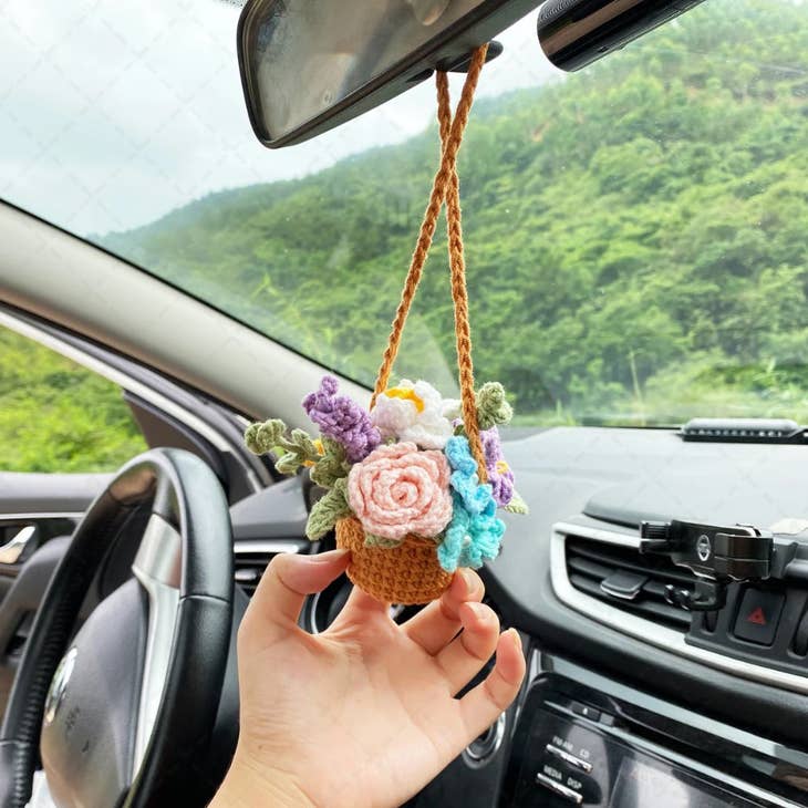 Wholesale Crochet Flower Pot Car Mirror Hanging Charm, Car Plant Decor for  your store - Faire