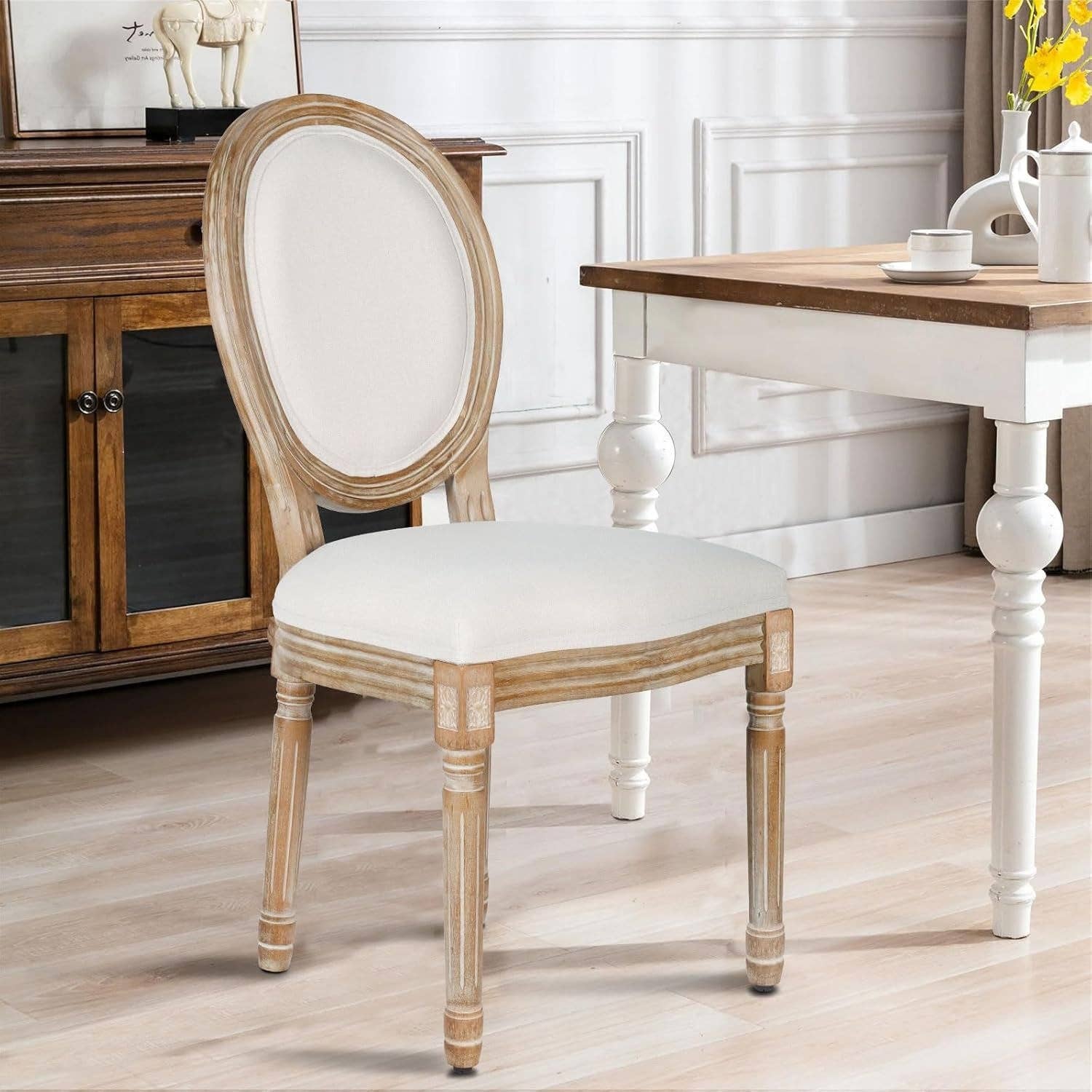Beige Fabric Dining Chair Set Of 2 Square Back With Solid Wood Legs for wholesale on Faire3
