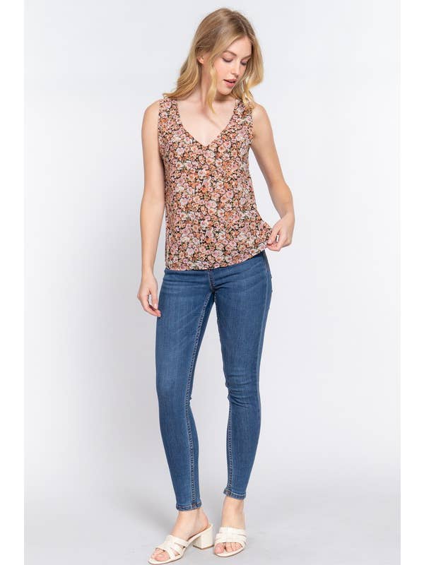 Active Basic | Active USA - Wholesale Blouse - Women's - Sleeveless Double V-neck Floral Printed Woven Top