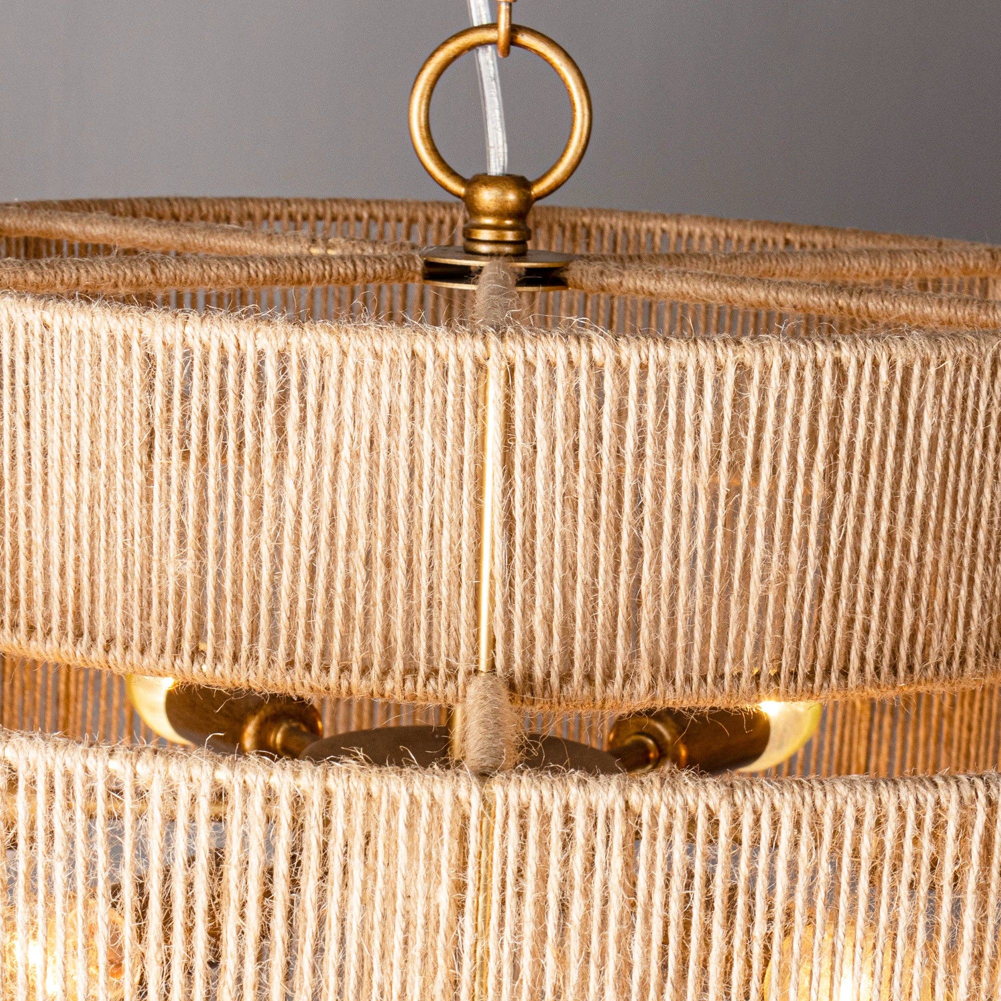Brio Lighting - Wholesale Chandelier/Hanging Light - Farmhouse Chandelier 24" Gold Metal + Jute 2-Tiered 6-Light7