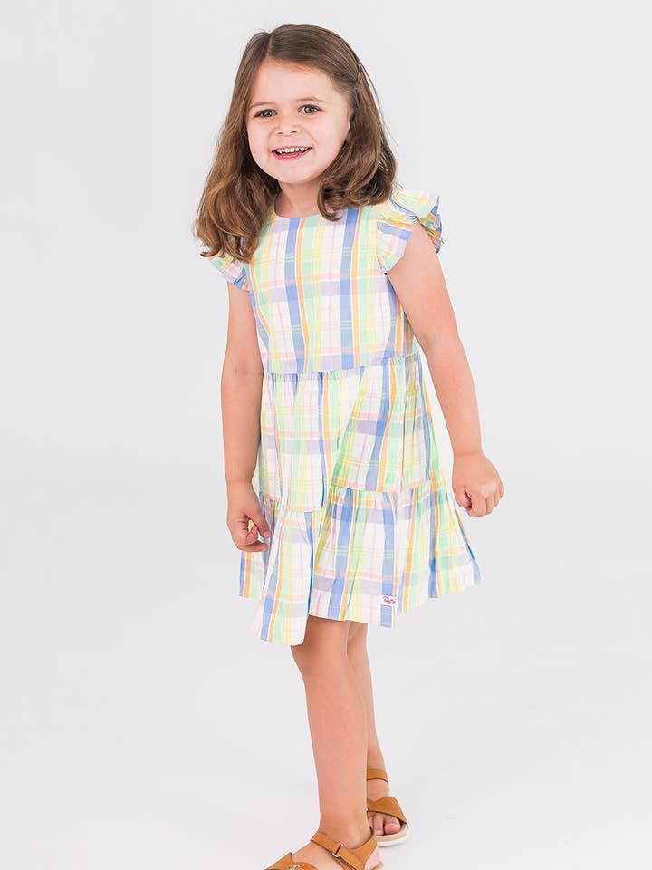 Multi Color Girls Clubhouse Rainbow Plaid Flutter Sleeve Tiered Dress for wholesale on Faire