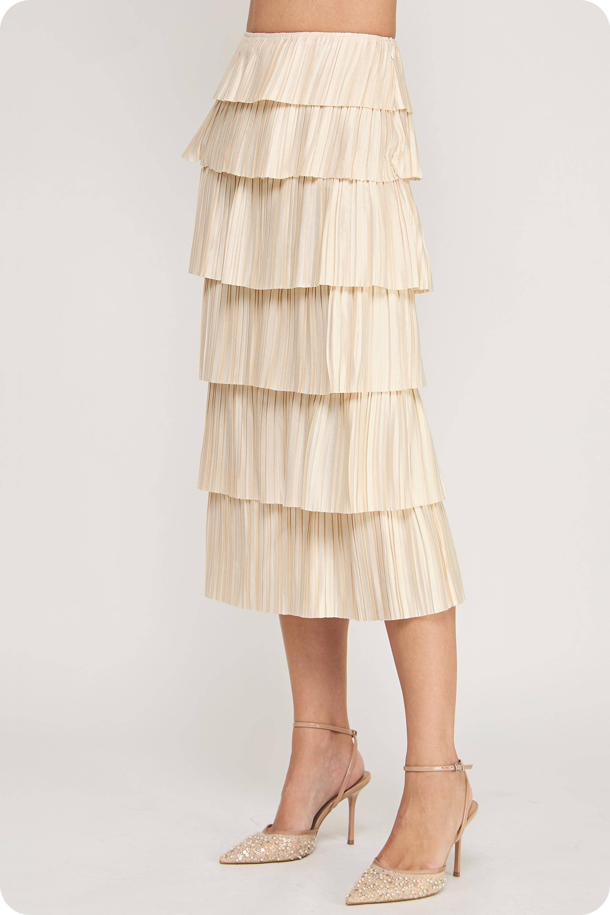 Strut & Bolt - Wholesale Skirt - Women's - Pleated Satin Tiered Midi Skirt1