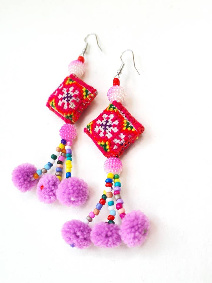 Boho Folk Earrings - Beaded & Hand Embroidery for wholesale by Beige & Co Thai Crafts