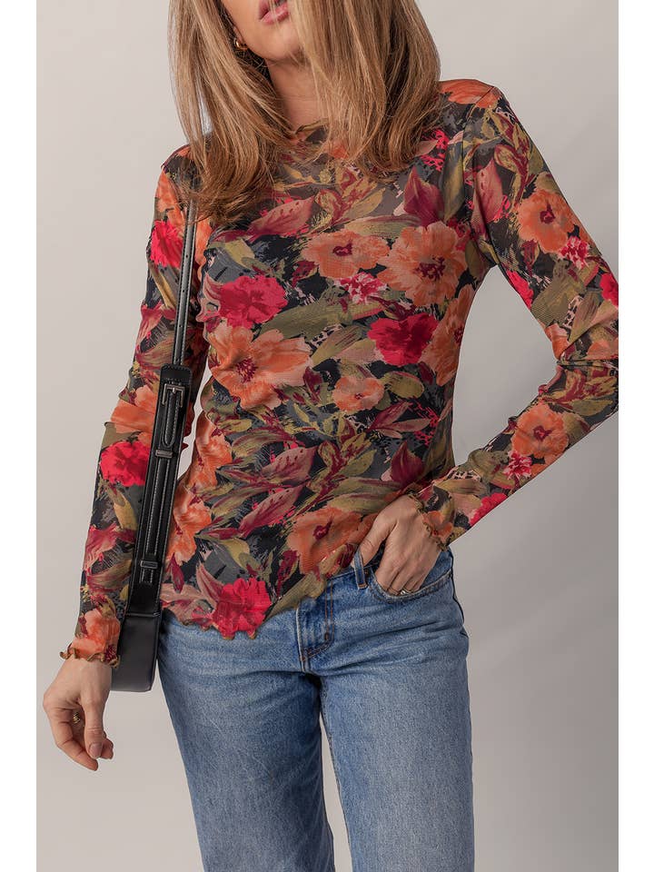 As shown Floral Print Lettuce Trim Long Sleeve Mesh Top | S-XL for wholesale on Faire