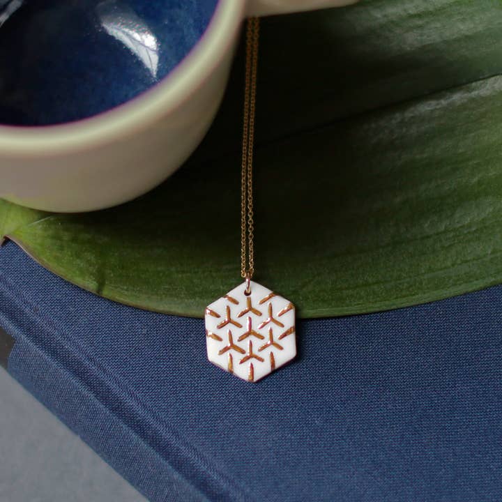 white and gold hexagon necklace for wholesale by Remnant Studios