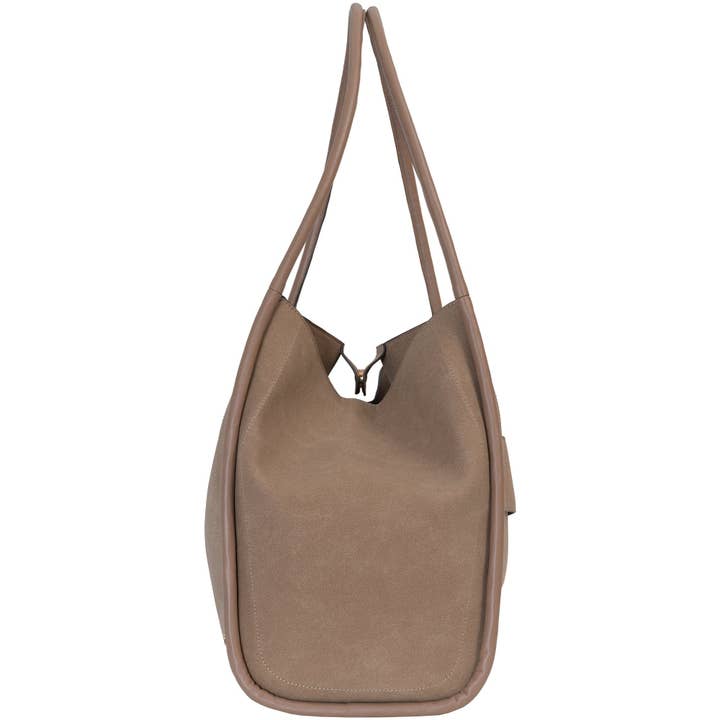 CAMEL Joan & David Double Handle Faux Suede Tote for wholesale on Faire3