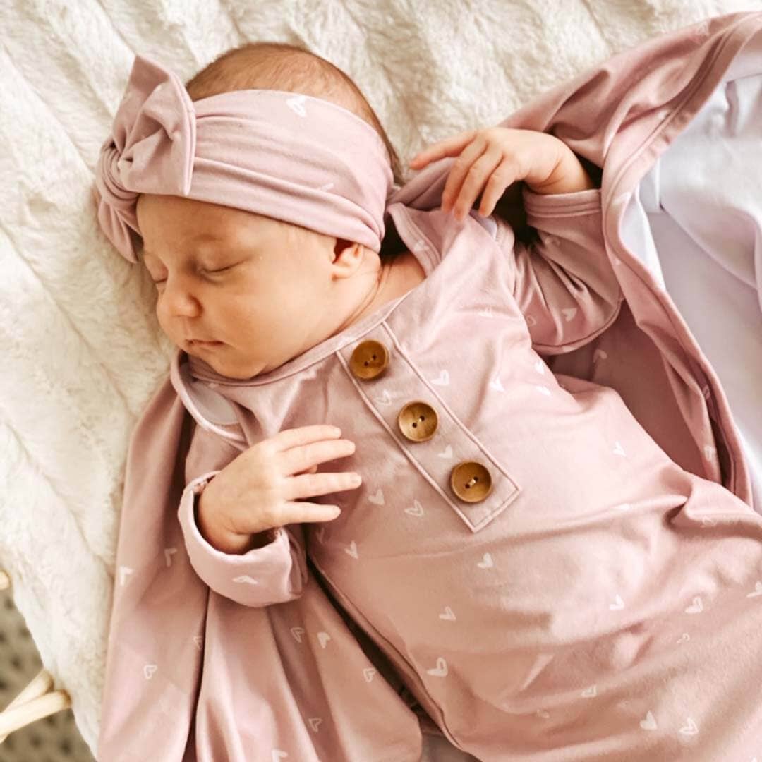 Caden Lane - Wholesale Babygown Set - Baby - Tiny Hearts in Dusty Pink Newborn Baby Knot Gown & Hat Set1
