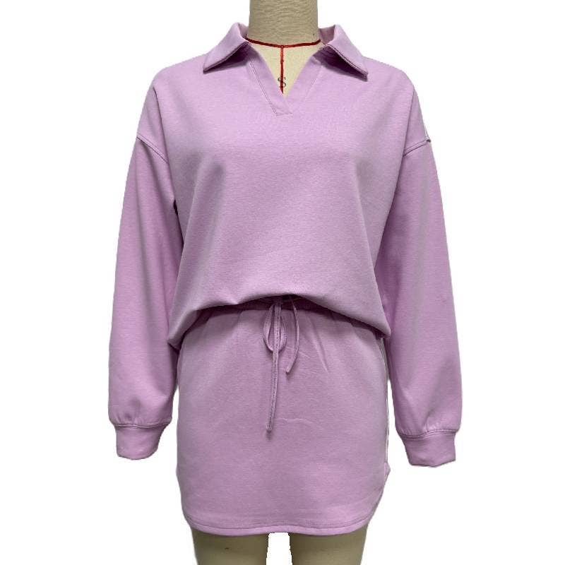 Rosa Clothing - Wholesale Top & Skirt Set - Women's - Lapel Collar Pullover Top & Lining Skirt Athleisure Set2