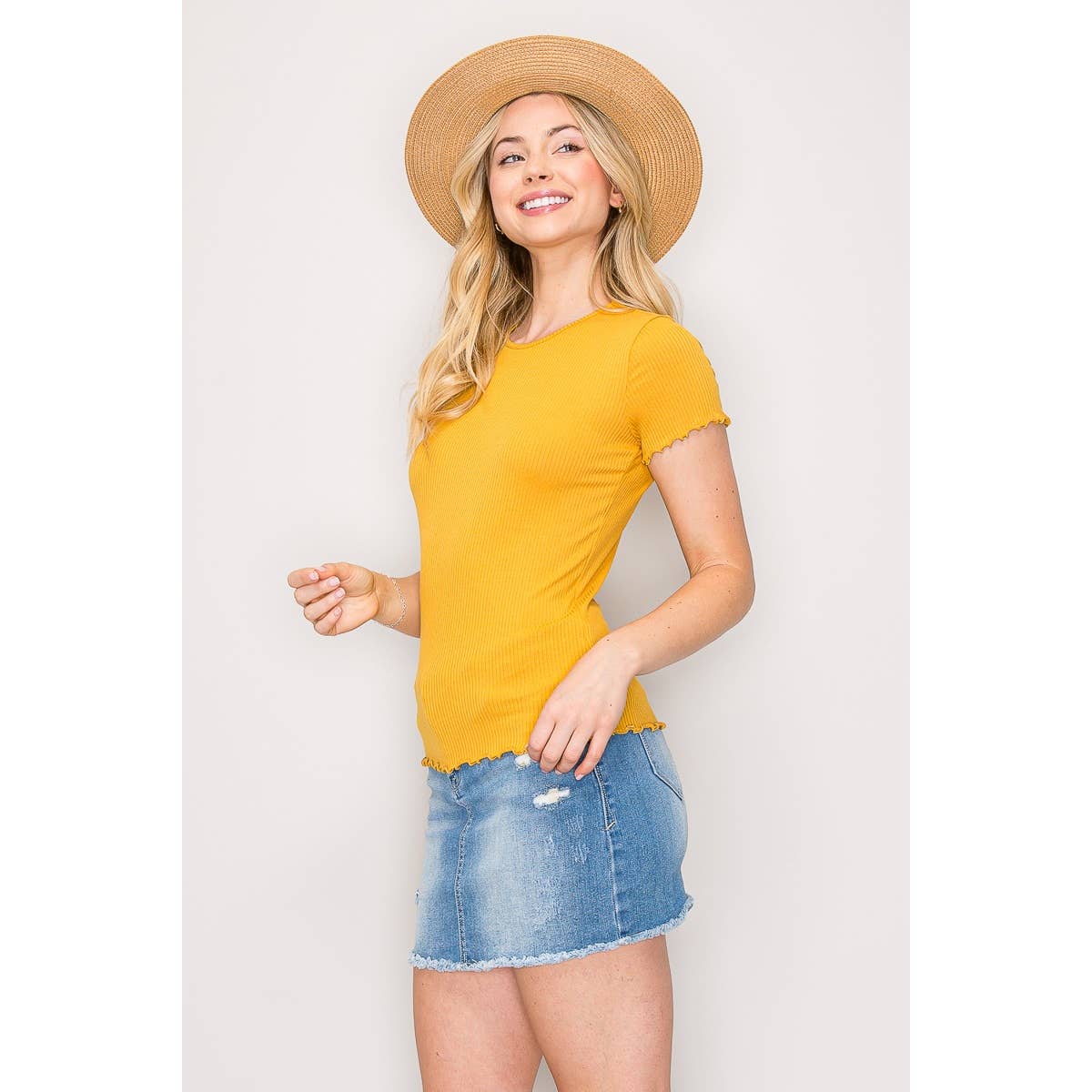 Popular 21 - Wholesale Knit Top - Women's - Short Sleeve Lettuce Hem Crew Neck Rib Knit Tee8