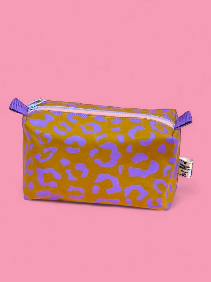 Handprinted Cosmetic Pouch Lilac and Mustard Leopard Print for wholesale by Yolla.studio
