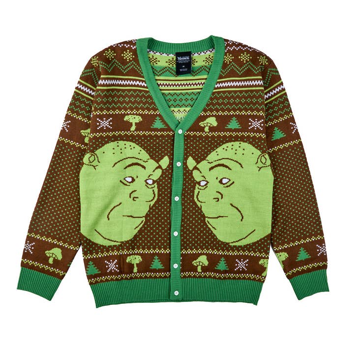 Bioworld Merchandising - Wholesale Knit Sweater - Men's - Shrek Character Faces Long Sleeve Men's Brown & Green Christmas Sweater3