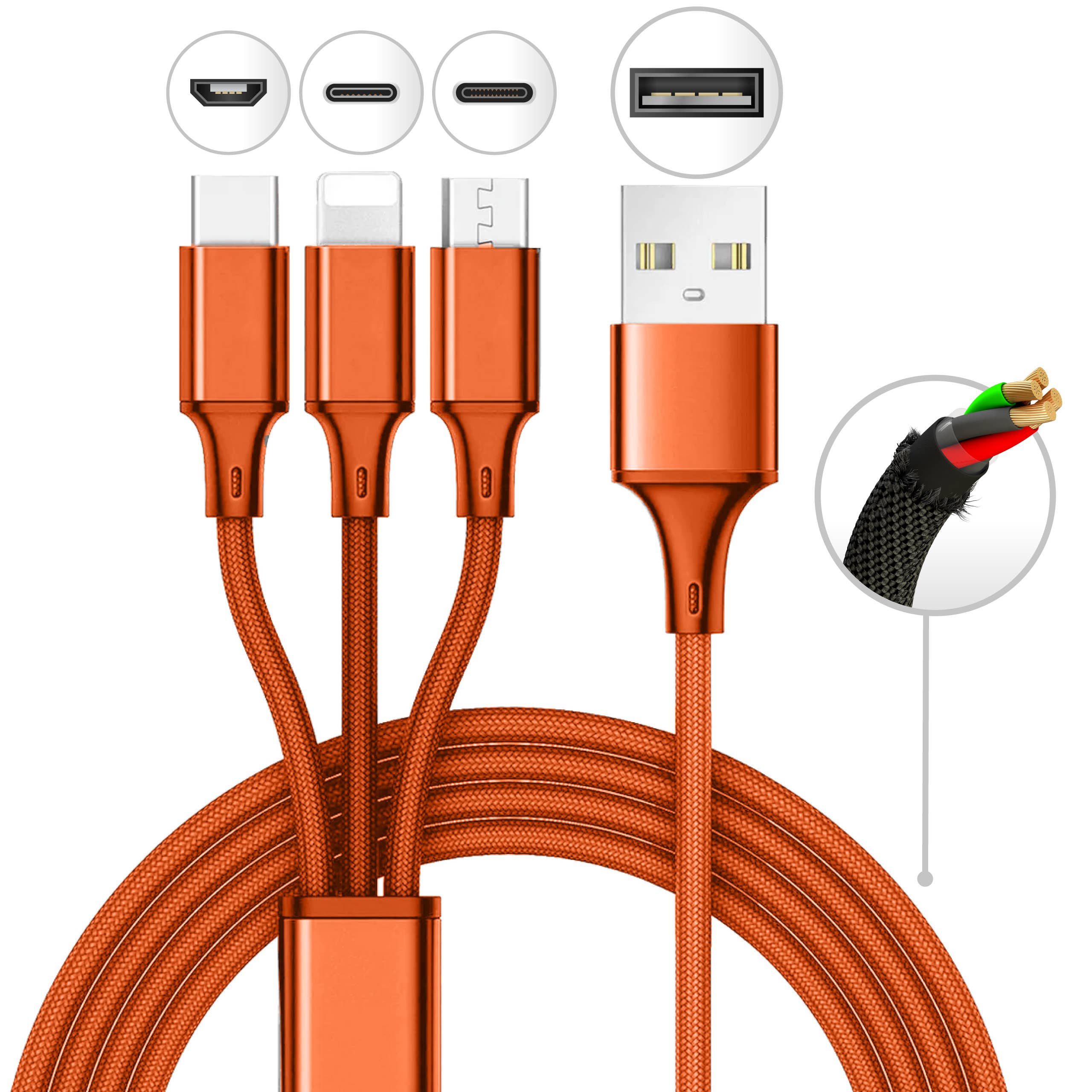 Mila Wholesale - Wholesale Charging Cable - 10 Foot 3 in 1 Refill Cable - Micro USB, Lightning, Type C10