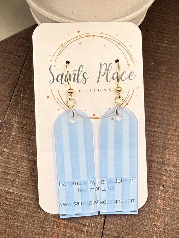 Geometric Transparent Blue Arches Engraved Alternating Line Earrings - Modern Abstract for wholesale by Saints Place Designs