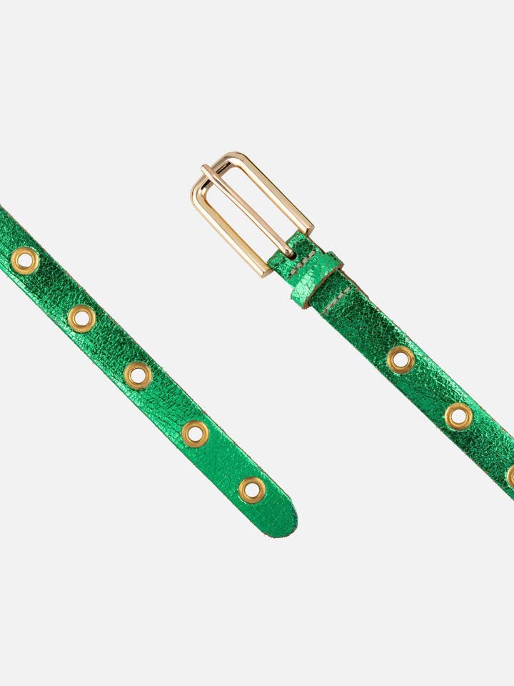 CARISSA GREEN LEATHER BELT - 0.8" SKINNY NEON GOLD BUCKLE for wholesale by Rather Happy
