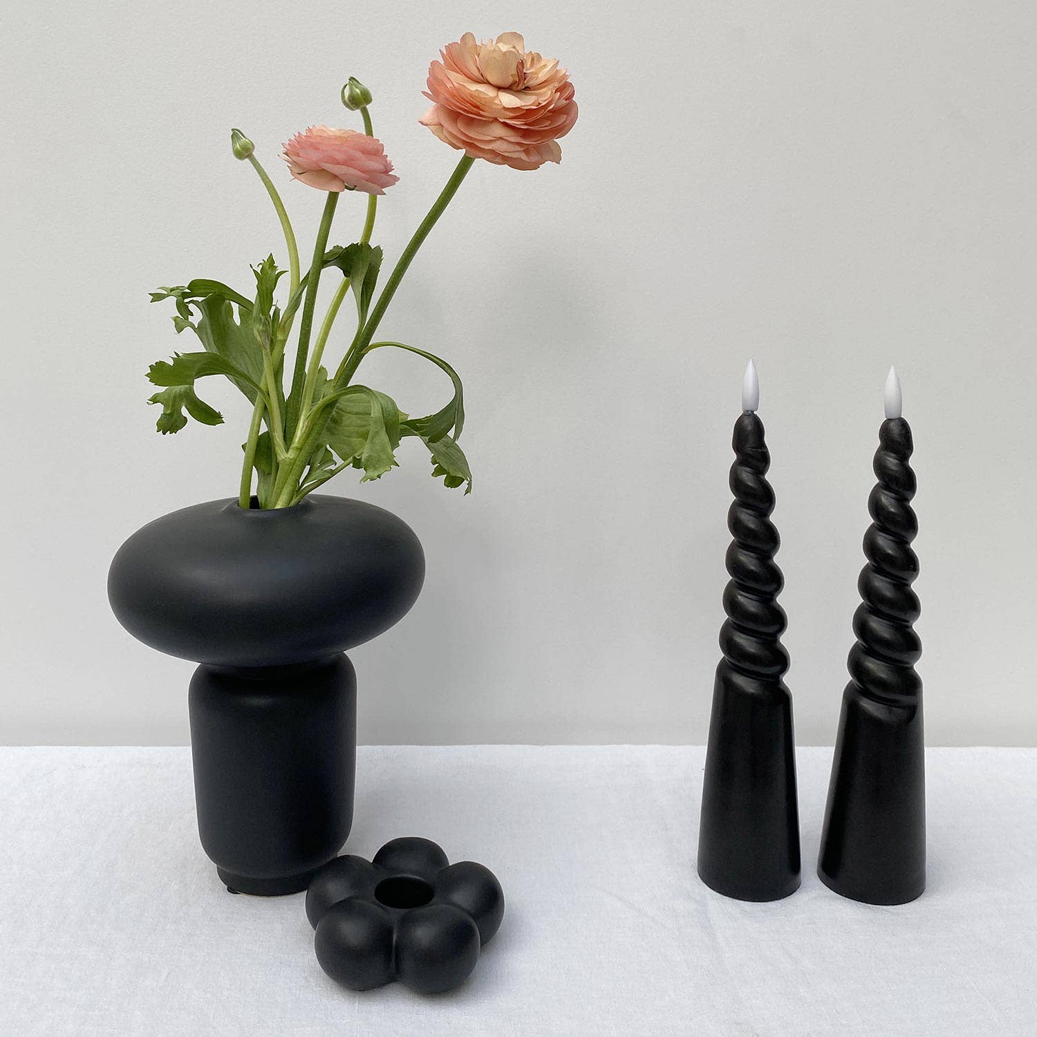 2 black natural wax twisted pillar LED candles D5.5 H24.5cm (battery operated) for wholesale on Faire2