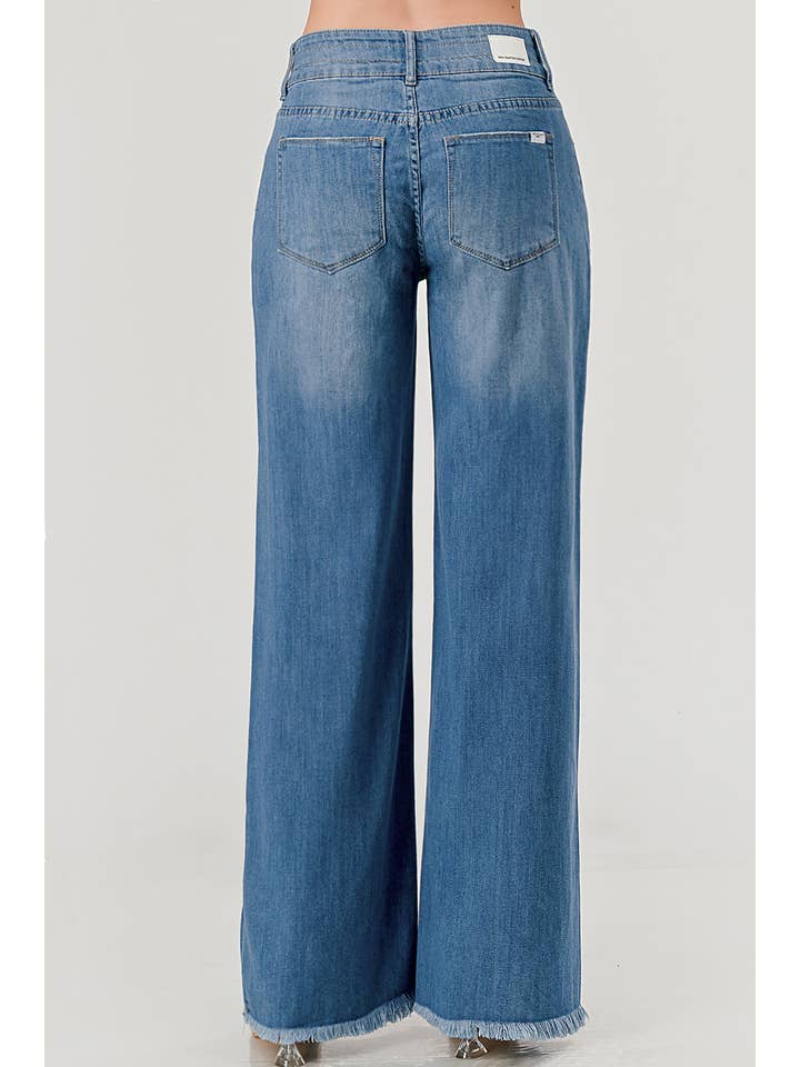 MC5213HW - Medium Wash - Mid Rise Wide Leg Jeans w/Fray Hem for wholesale on Faire2