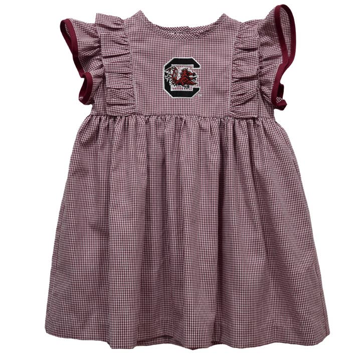 South Carolina Gamecocks Embroidered Gingham Ruffle Dress for wholesale by Vive La Fete