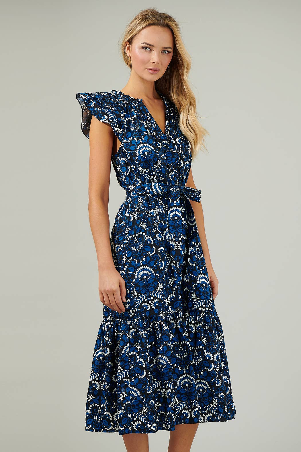 TealMulti Dynamite Floral Button Midi Dress for wholesale on Faire2