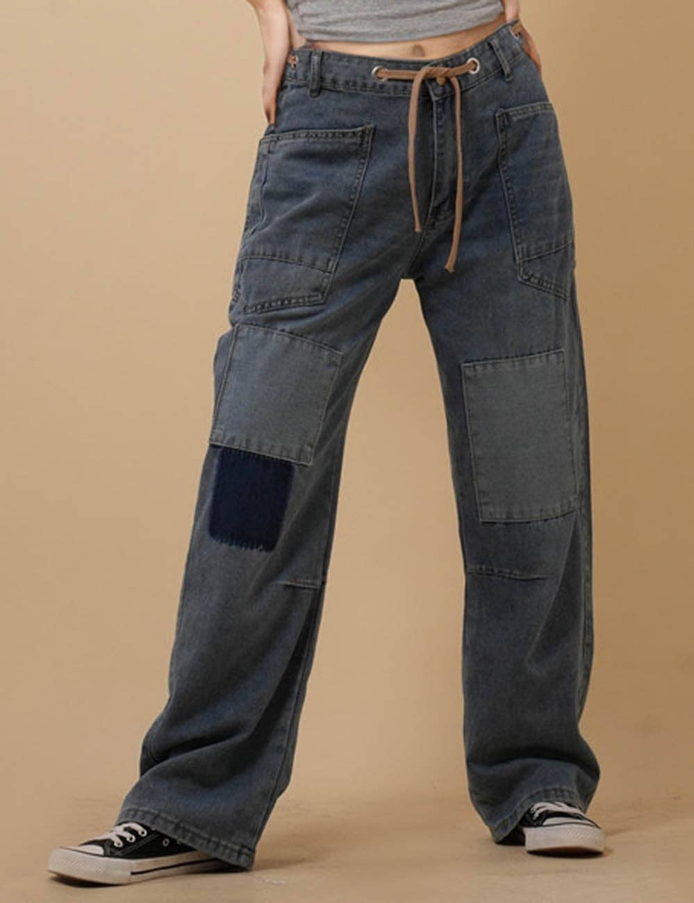 Blue Ladies String Tie Jeans Demin Splice Straight Leg Pants 8SKP50370 for wholesale on Faire10