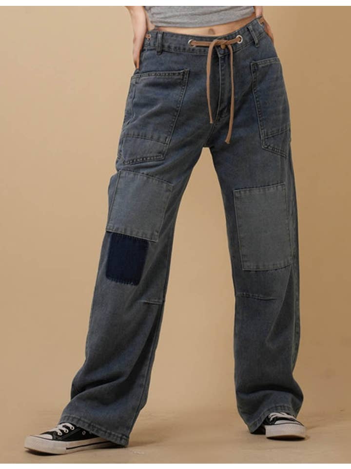 Blue Ladies String Tie Jeans Demin Splice Straight Leg Pants 8SKP50370 for wholesale on Faire10