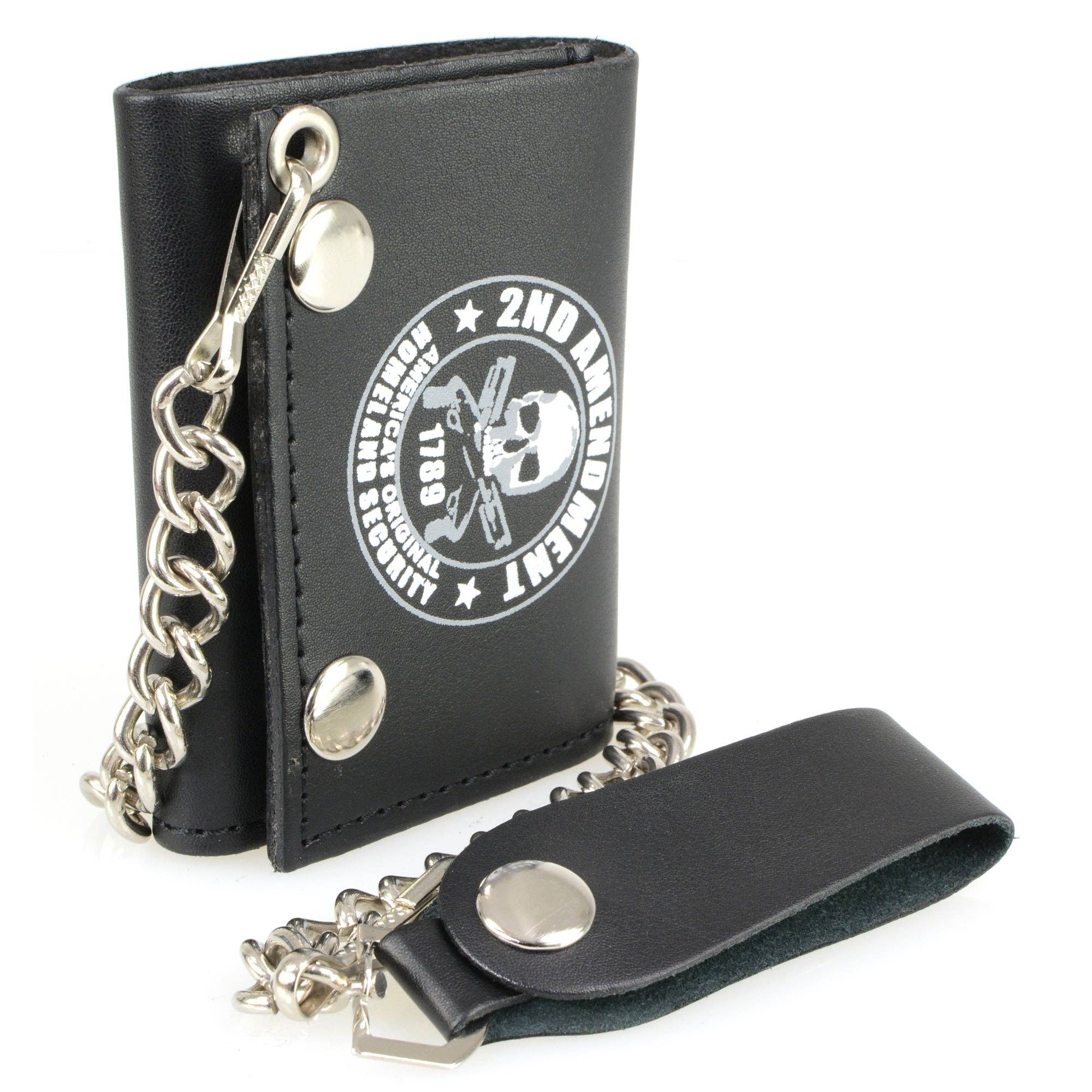 BLK Hot Leathers WLB1021 2nd Amendment Tri-fold Black Leather Wallet with Chain for wholesale on Faire3