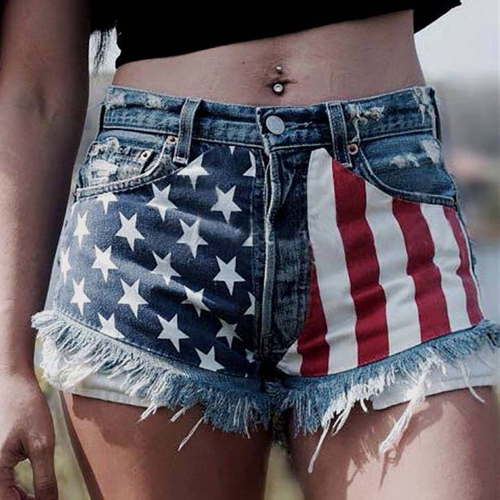 Dark Blue Women Fashion Casual American Flag Denim Shorts for wholesale on Faire