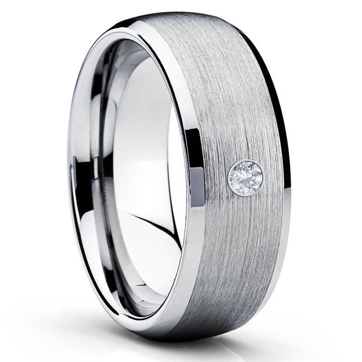 Tungsten Wedding Band - Silver Tungsten - White Diamond Ring - Engagement Ring for wholesale by Lucky Love Rings