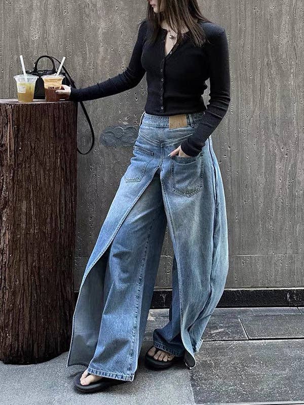 Sheer Trend - Wholesale Jeans - Women's - False Two Wide Leg Pockets Reversible Jean Pants Bottoms7