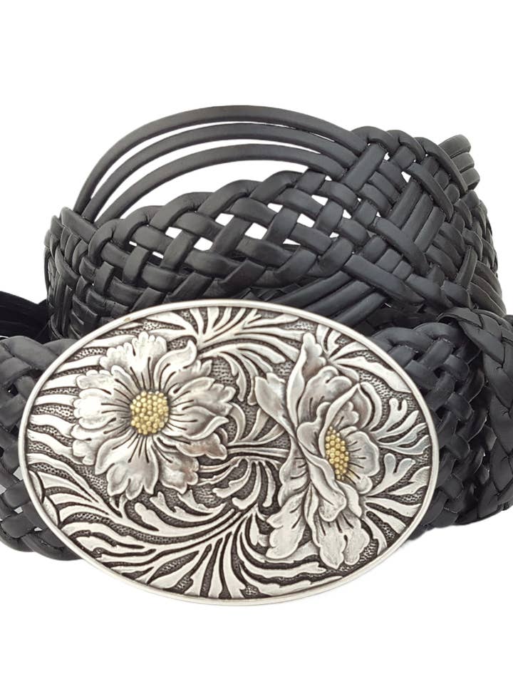 Håndflettet læderbælte med Western Sunflower Spænde for engroshandel hos Axesoria West