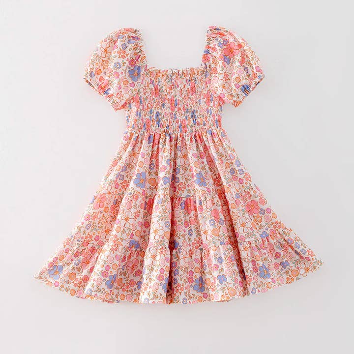 Auraquise - Wholesale Dress - Kids - Girls Summer Easter Floral Print Smocked Dress