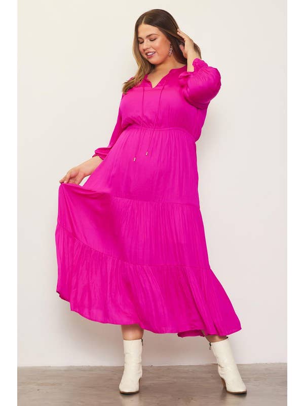 SKIES ARE BLUE - Wholesale Dress - Women's - Plus Size Long Sleeve Split Neck Maxi Dress1