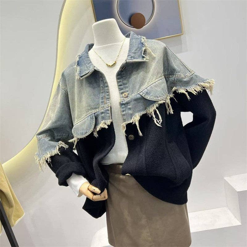 Sheer Trend - Vendita all'ingrosso Cardigan - Donna - Cappotto Cardigan Maglione Patchwork in Denim1