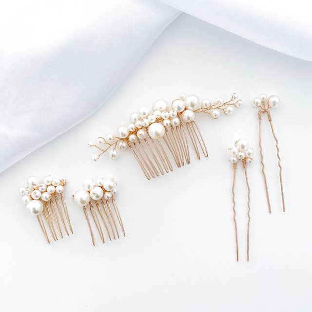 Nicholls Jewellery - Wholesale Hair Pin - Pearl Comb and Pin 5 piece set (Gold)
