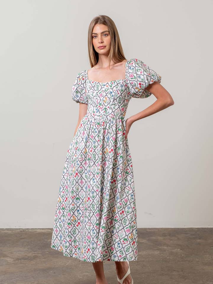 FLORAL BOUQUET PUFF SLEEVE CORSET MIDI DRESS for wholesale by Moon River