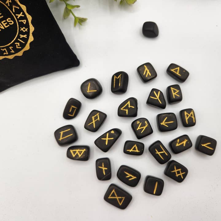 Meraki Gemstones - Wholesale Spiritual Stone/Crystal - Shungite Semi-Precious Gemstone Rune Sets with Velvet Pouch1